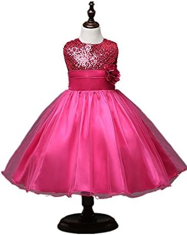 QINGYUAN Girls Sequin Mesh Party Wedding Princess Tulle Dress 110 Fuschia