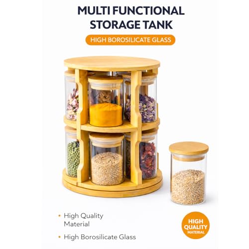 360° Rotating Spice Rack Organizer – 10 Glass Jars (200ml Each) with Bamboo Wooden Stand – Kitchen Countertop Storage Carousel – Space Saving Masala Organizer
