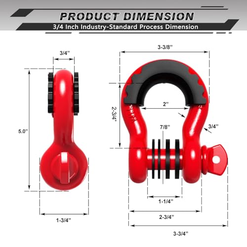 D Ring Shackle 3/4" (2 Pack), 41,887 lbs Break Strength, Clevis Shackle with 7/8" Screw Pin, Shackle Isolator Washers Kit for Tow Strap, Winch & Off-Road Vehicle Recovery, Red