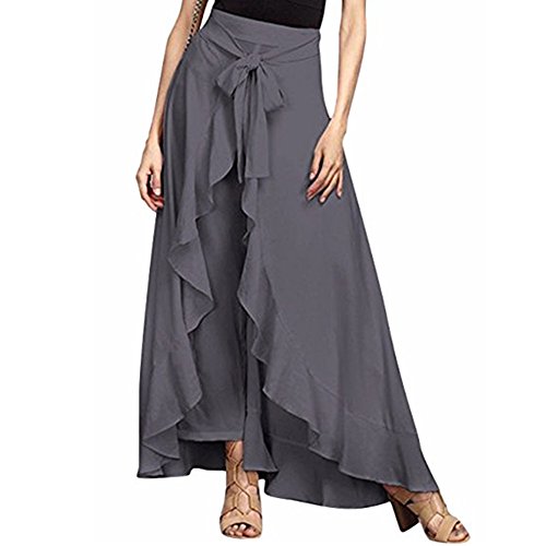 Lrud Women's Ruffle Plain Wide Leg Split TieWaist Maxi Long Palazzo