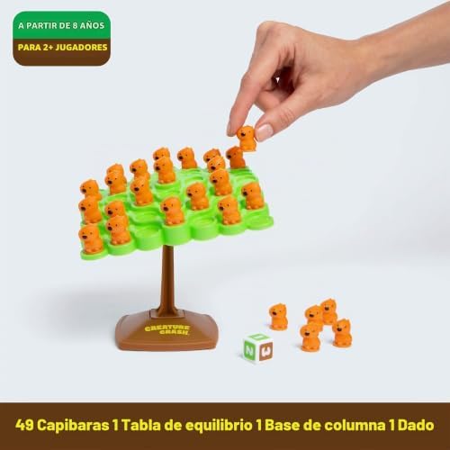 Relatable Creature Crash - Juego de Equilibrio Capybara para Familia y niños, Incluye 49 capibaras, 1 Tabla de Equilibrio, 1 Base y Dados