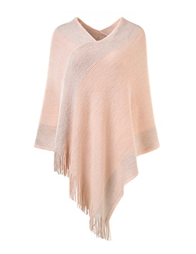 Ferand Stylish Knit Striped V Neck Pullover Poncho With Tassels For Women, One Size, Pink