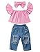3pcs Baby Girls Kids Off Shoulder Lotus Leaf Top Holes Denim Jeans Headband Outfits Set (3-4Y, Pink)