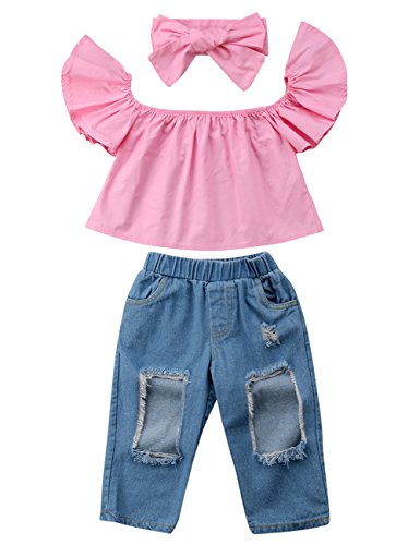 3pcs Baby Girls Kids Off Shoulder Lotus Leaf Top Holes Denim Jeans Headband Outfits Set (2-3Y, Pink) - Thumbnail 6