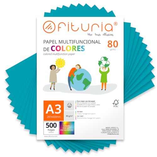 OFITURIA Buntes Papier, 500 Blatt A3 80g – Farbiges Papier für Basteln, Drucker, Scrapbooking – Farbbögen (Türkis, 500 Blatt)