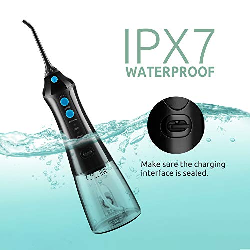 Water Flosser Cordless Dental Oral Irrigator, Cozzine 300ML Professional Portable Rechargeable Water Flossing for Trave & Home, IPX7 Waterproof 3 Modes Teeth Cleaner with 4 Jet Tips, Black - Thumbnail 3