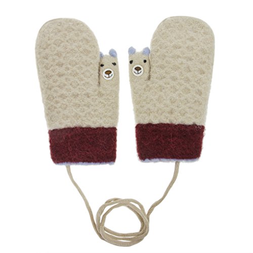 Child Cute Bear Winter Crochet Warm Gloves with Strings for Kids Toddler Baby Boys Girls Wool Cable Knit Thick Fleece Lined Outdoor Sports Windproof Ski Cycling Thermal Gloves Hand Warmer Mittens Gift