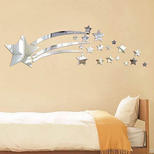 Iusun 3D Wall Sticker Removable Mirror Stars DIY Self-adhesive Wall Decal Wall Paper Decoration for Room Home Nursery Bedroom Office Supplies Gift - Ship From USA (Silver)