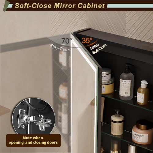 GANPE LED Illuminated Bathroom Mirror with Single Door, Deflog, Continuous Dimming, 3 Colour Memory, Storage Shelves, Sockets and USB (50 x 70 cm)