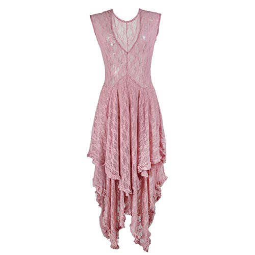 Sunmoot Cocktail Dresses,Women's Sexy Elegant Boho Lace Sleeveless Irregular Hem Double Layered Ruffled Trim Maxi Dress Pink - Thumbnail 3