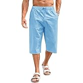 Fommykin Men's Cotton Linen Capri Pants Baggy Harem Drawstring Yoga Beach Pants with Pockets
