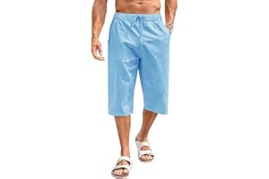 Fommykin Men's Cotton Linen Capri Pants Baggy Harem Drawstring Yoga Beach Pants with Pockets