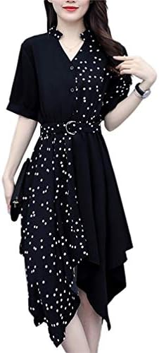 YOUYOUOK レディース シフォンワンピース 大きいサイズ 女性の服装 Vネック コート 波点 シフォン シャツ ドレス L-5XL