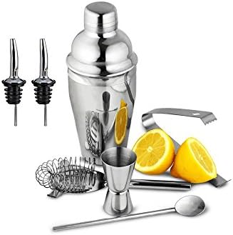 Stainless Steel Cocktail Shaker Set By Pertique -5 pieces Bar Tool kit-Martini Mixer Perfect for Mixing Margarita, Manhattan &amp; Other Drinks at Home.(750ml)