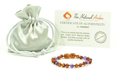 Baltic Amber Teething Bracelet/Anklet {0056} Mixed with Amethyst Beads - 5.5 inches - Amber Jewelry - Hand-Made from Natural Baltic Amber Beads (5.5 inches (14 cm), Cognac/Amethyst)