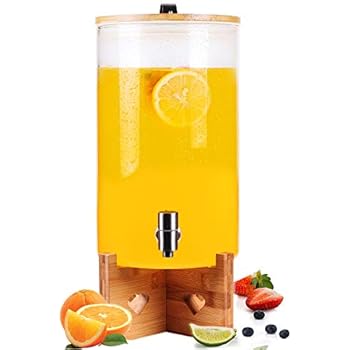 Glass Enzyme Barrel Glass Drink Dispenser Mason Jar Wine Bottle on Wooden Stand with Airtight Bamboo Lid and Stainless Steel Spigot for Wine, Hot/Cold Juice, Beer, Punch, Iced Tea(2 Gallon/8L)