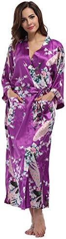 Women's Long Satin Kimono Robes Pure Color Silk Kimono Bathrobes with Oblique V-Neck for Wedding