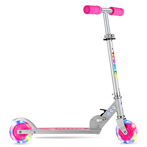BELEEV V1 Folding Kick Scooter for Kids 2 Wheel Scooter, 3 Adjustable Height, LED Light Up Wheels for Children 5 Years and up (Pink)