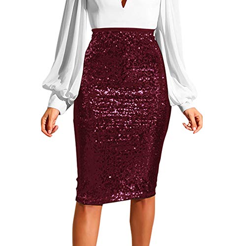 VICCKI Women Fashion Solid Slim High Waist Push up Hip Pencil Zipper Sequin Skirt Wine