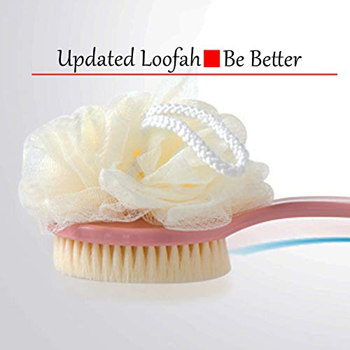 Shower Body Brush with Bristles and Loofah,Back Scrubber Bath Mesh Sponge with Curved Long Handle for Skin Exfoliating Bath, Massage Bristles Suitable for Wet or Dry, Men and Women