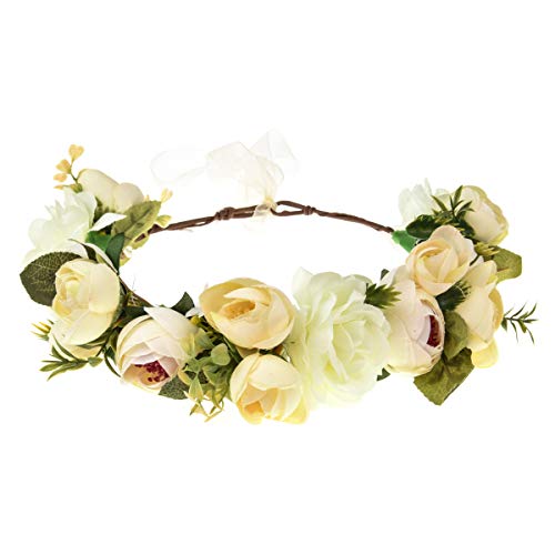 June Bloomy Women Rose Floral Crown Hair Wreath Leave Flower Headband with Adjustable Ribbon (1# White)