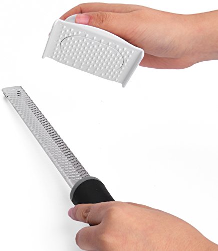 Stainless Steel Citrus Zester & Hand Safe Guard – Lemon, Orange & Lime Grater With Silicone Handle, Cover & A Finger Protector – Grate Cheese, Chocolate, Ginger, Garlic, Coconut, Onions & Potatoes