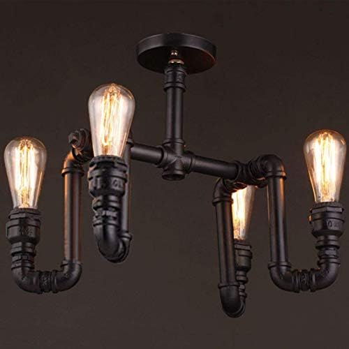Hines Vintage Industrial Pipe Ceiling Light Pendant Lamp Retro 4-Lights Water Pipe Metal Steampunk Wrought Iron Chandelier Semi Flush Mount Ceiling Lamp E27