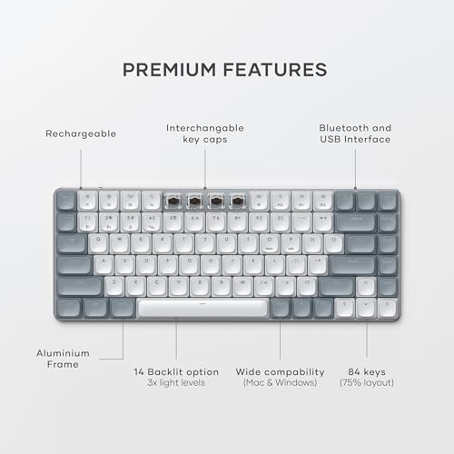 Satechi SM1 75% Mechanical Keyboard, LED Backlit Bluetooth Keyboard, 84 Keys Compact Wireless, Gaming Keyboard for Mac and Windows - Light Grey/White (US-QWERTY LAYOUT)