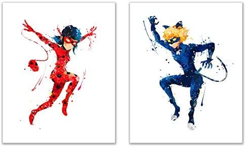 Miraculous Tales Of Ladybug And Cat Noir Prints Set Of 2 8x10 Poster Prints Watercolour Wall Art Decor
