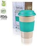 Reusable To Go Sea Green Travel Mug Leak proof with Lid & Heat Resistant Non slip Grip. Made with 100% Organic Eco friendly Biodegradable Material FDA approved BPA free. FREE recipe eBook included