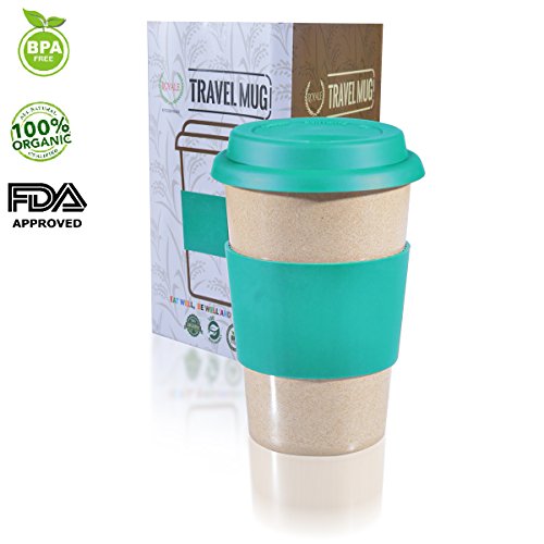 14oz 100% Organic Eco Friendly Reusable Travel Mug, To Go Takeaway Coffee Cup Sea Green, Biodegradable Material FDA Approved BPA Free, Leak Proof Silicone Lid & Heat Resistant Grip.Free Recipe ebook