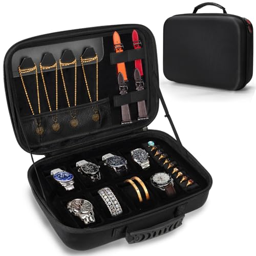 NIFUYOP Travel Jewelry Box Watch Case, 8 Slots Watch Organizer with Soft Pillow, Hard Storage Bag with 10 Ring Holders, 6 Necklace Hooks, 16 Watch Strap, Jewelry Bracelets Carrying Case for Men Women