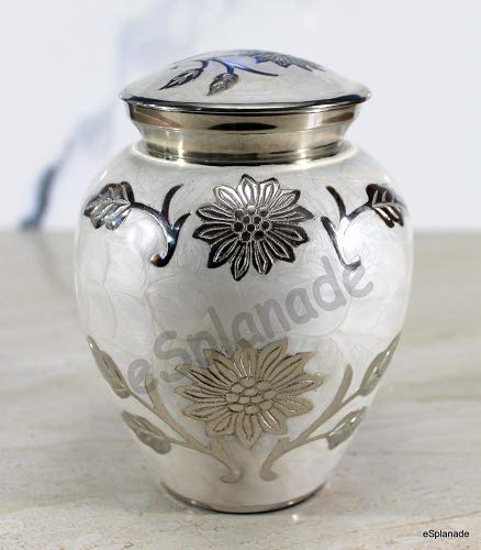 eSplanade Mother of Pearl Brass Cremation urn Memorials urns Container Jar Pot | Brass Urns | Metal Urn | Burial Urn | Memorial Urn (White)