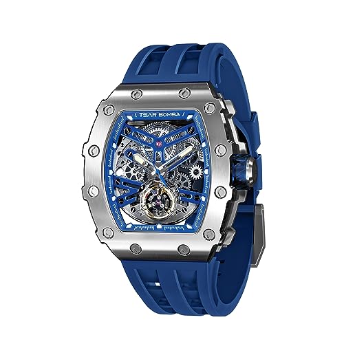 TSAR BOMBA Automatic Tonneau Carbon Fiber Bezel Luxury Mens Watches 50M Waterproof Skeleton Mechanical Stylish Watch for Men Simple Men’s Silver Wrist Watch Cool Unique Watch with Silicone Strap