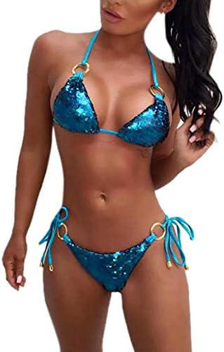 WooCo Womens Swimwear Solid Tops Sale Sequin Rhinestone Crystal Diamond Push-up Lace-Up Bikini Set Swimsuit Beachwea