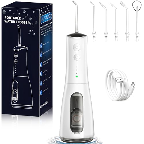 Irrigador Oral Portátil Sem Fio 300ml com 5 Bico Higiene Limpeza | Recarregável Type-C, Pressão Ajustável, Impermeável IPX7, Carregamento Rápido, Longa Duração Bateria, Uso Doméstico Viaje