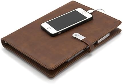 A5 Padfolio Leather Notebook Hardcover Portfolio Journal Business Planner,Refillable Thick Paper with 8G USB Flash Drive,Built-in 8000 mAH Power Bank for iPhone & Android,Dark Brown