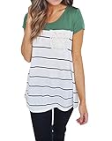Chellysun Women's Casual O-neck Striped Crochet Pocket Patchwork T-shirt Top
