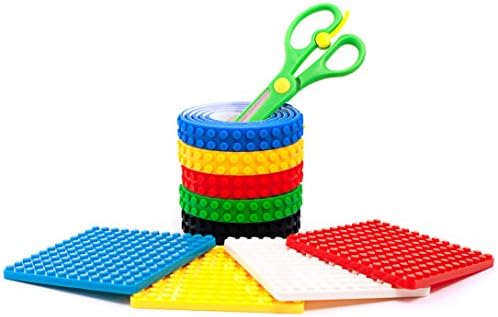 LoopTape-Premium 10 in 1 TOY Building Block Tape for Lego bundle for Kids: 5 rolls(3ft/Roll) Multicolor Silicone Self-Adhesive Non-toxic Cuttable Reusable + 4 Baseplates (10x10cm) each + Safe Scissors