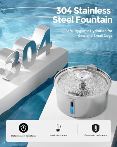 Fontaine a Eau Chat, Fontaine à Eau pour Chat INOX 3,2L avec Bec en Forme de Fleur - Idéale pour Chats et Petits Chiens, Inclut 4 Filtres et Fenêtre de Niveau d'eau