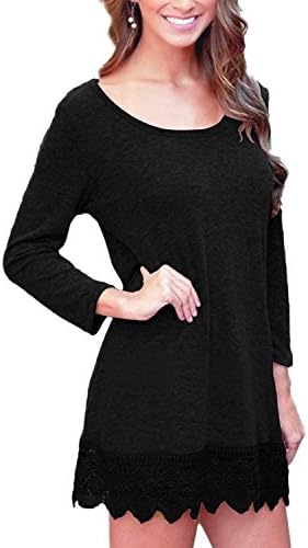 Yisqzjzj Women's Casual Long Sleeve Lace Stitching Trim T Shirt Tunic Dress BlackSmall