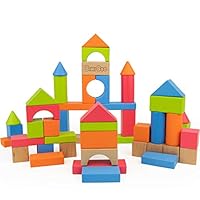 Bimi Boo Building Blocks - Colored Wooden Bricks Classic Toy Set for Kids and Toddlers of Preschool Age (Developmental Toys, Build and Play with 50 Pieces in Variety of Sizes, Shapes and Colors)