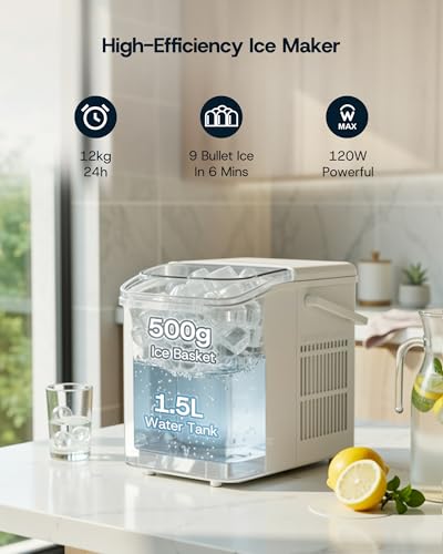 Upstreman Ice Maker, Portable Countertop Ice Making Machine with Self-Cleaning - 9 Bullet Ice in 6 Mins, 12kg/24h, Necessity for Home Kitchen Party & Outdoor, BI12 (White)