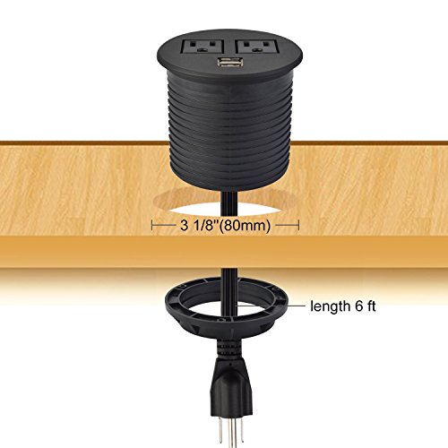 UL Listed Desktop Recessed Power Grommet Hub 2 Power Outlets & Dual USB Ports for Kitchen Office Desk Table (Black)