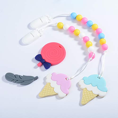 MEGODAY Designer Teether Pacifier Holder with Baby Teething Toy,Silicone Ice Cream Chewlery for Boys and Girls,Universal MAM Soothie Clip Adapter (Blue/Yellow/Pinks) - Thumbnail 3