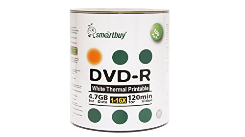 Smartbuy 100-disc 4.7gb/120min 16x DVD-R White Thermal Hub Printable Blank Media Recordable Disc