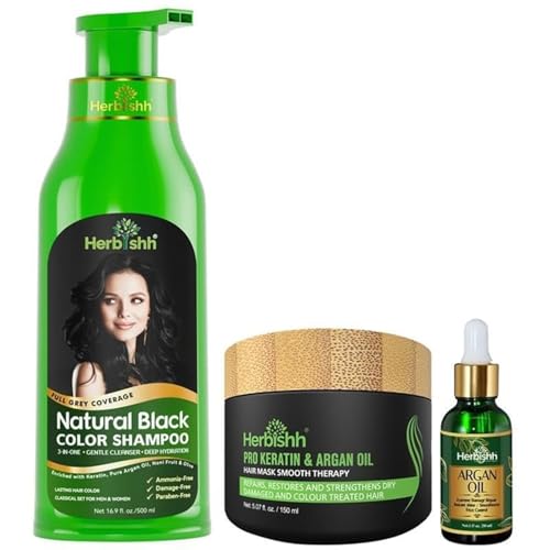 Herbishh After Color Shampoo Combo Contains Hair Color Shampoo Hair Dye 500Ml Argan Oil 30Ml Pro Keratin And Argan Hair Mask 100Gm For Hair Straightening, Shine And Protection For Men And Women(Black)