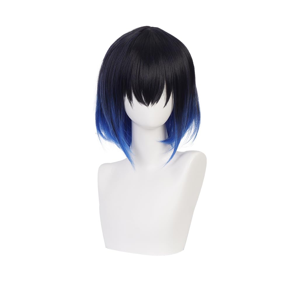 Anime Cosplay Wig Short Blue Black Synthetic Hair for Halloween Costume Party with Free Wig Cap