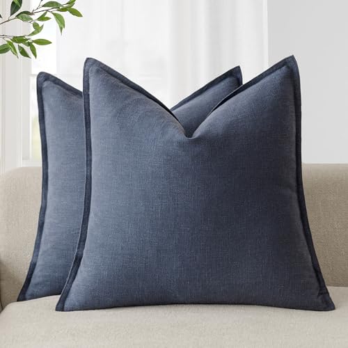 Foindtower Pack of 2 Decorative Throw Pillow Covers Farmhouse Style Boho Linen Solid Soft Square Cushion Cases Set for Chair Sofa Bedroom Living Room Home Decor 26x26 inch Blue