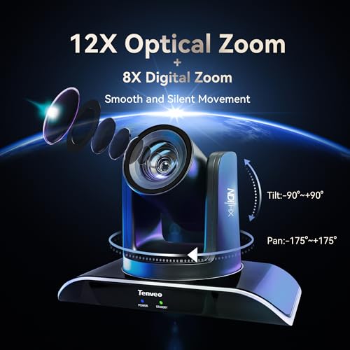 Tenveo PTZ Camera with Auto Tracking AI NDI/SDI/HDMI/USB3.0/RJ45 PoE Optical Zoom 12X 1080P 60FPS IP Live Streaming Camera for Big Church Events and Live Streaming